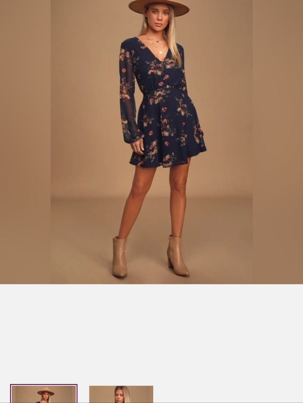 Lulu's Navy Floral V-Neck Long Sleeve Skater Dress